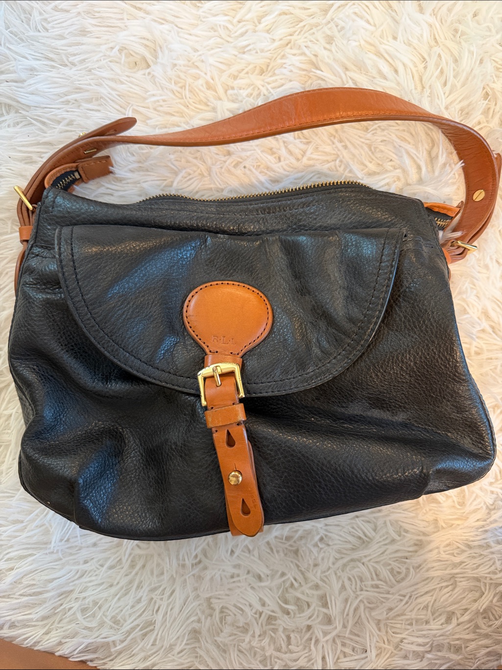 Vintage Ralph Lauren Black Leather Shoulder Bag With Brown Trim